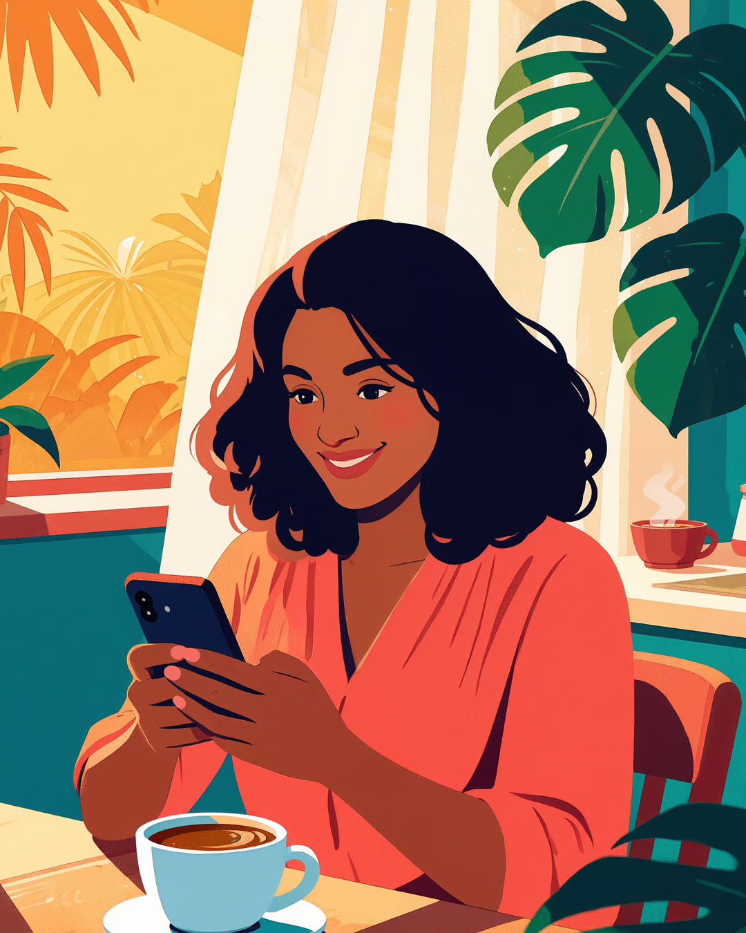 Ilustración de Carolina con el teléfono en la mano, luz de domingo.